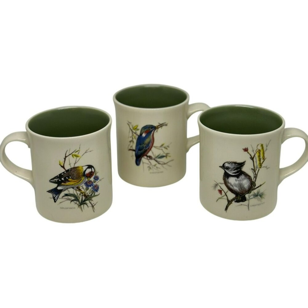 VTG Bird Coffee Mug Set of 3 Goldfinch, Cardinal Chickadee, Cream & Green, 4.75"